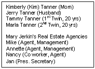 Text Box: Kimberly (Kim) Tanner (Mom)
Jerry Tanner (Husband)
Tammy Tanner (1st Twin, 20 yrs)
Marla Tanner (2nd Twin, 20 yrs)

Mary Jerkin’s Real Estate Agencies
Mike (Agent, Management)
Annette (Agent, Management)
Nancy (Co worker, Agent)
Jan (Pres. Secretary)
