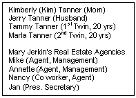 Text Box: Kimberly (Kim) Tanner (Mom)
Jerry Tanner (Husband)
Tammy Tanner (1st Twin, 20 yrs)
Marla Tanner (2nd Twin, 20 yrs)

Mary Jerkins Real Estate Agencies
Mike (Agent, Management)
Annette (Agent, Management)
Nancy (Co worker, Agent)
Jan (Pres. Secretary)
